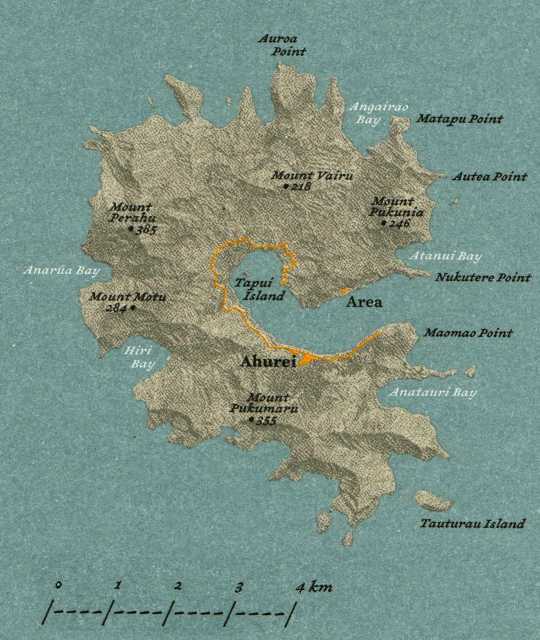 Map of Rapa Iti, a C-shaped Polynesian isle about 5 km across.