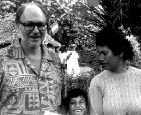 Grayscale photo of Marc Liblin and family on Rapa Iti.