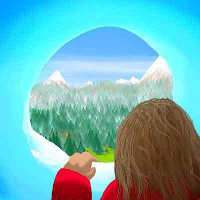 Dream: long-haired kid in a maroon jacket peers through a hole in an ice wall at a mountain valley beyond.