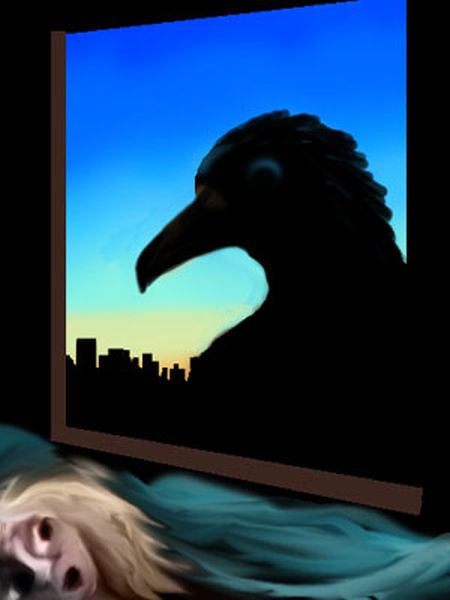 A giant raven peers in a window at me in bed.