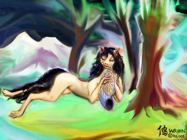 Razi the krelkin, bard of Mount Shasta, sprawled under a tree, playing her harp; my first painting of her, years after the dream.