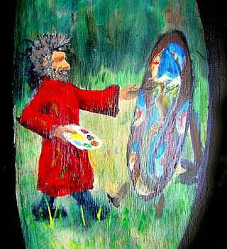 A bearded, unkempt old man in a spattered red coat painting an oval panel on an easel in a meadow: The Holy Wino of Shasta.