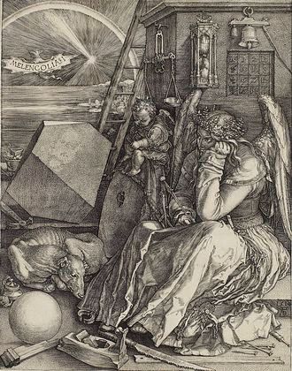 Albrecht Durer's etching titled 'Melencolia I'. Winged woman broods over an idea. Click to enlarge.