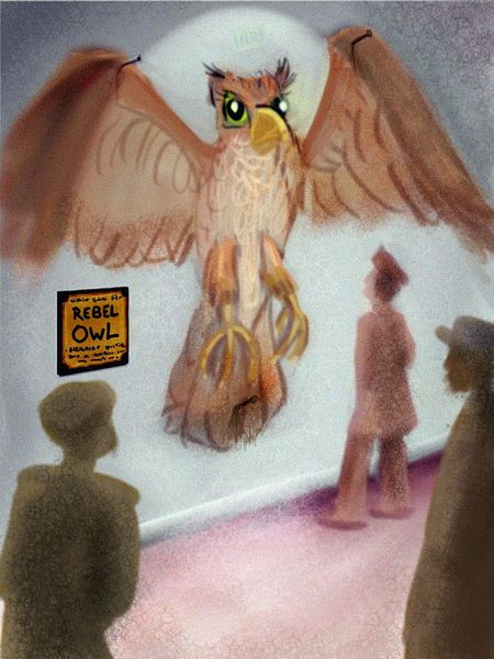 A man-sized Owl pinned on the wall of a museum. Dream sketch by Wayan. Click to enlarge.