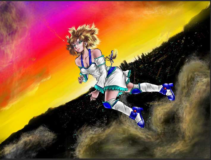 Manga-style painting of a wild-haired girl flying over a city at sunset. White dress; blue shoes, kneepads and belt.