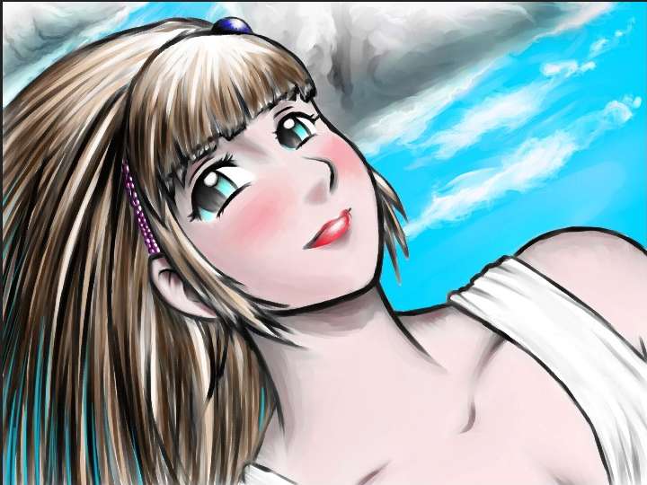 Manga-style close-up of a smiling girl with blue eyes and spiky blonde bangs.
