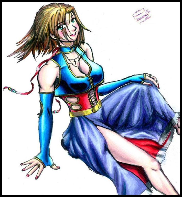 Manga-style painting of a spiky-haired girl in blue: long gloves, slit gown, and tightlaced vest.