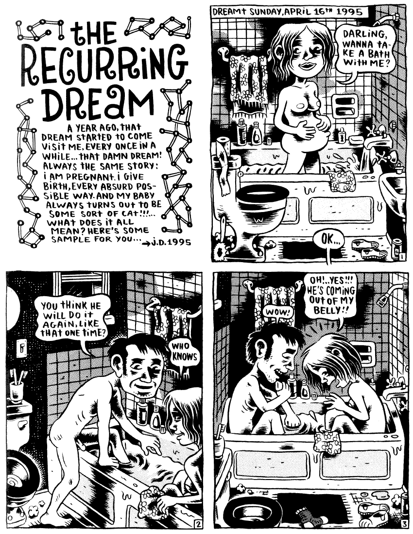 Black and white comic of a set of dreams by Julie Doucet. She gives birth in the bathtub.