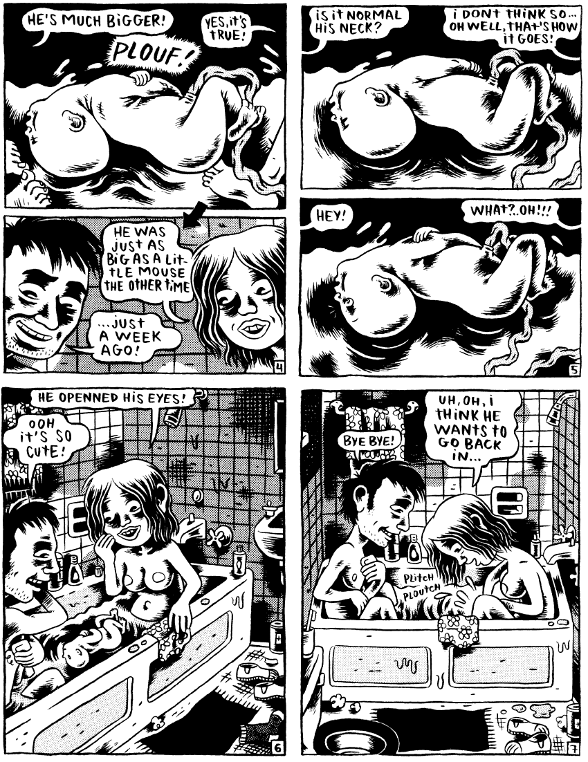 Black and white comic of a set of dreams by Julie Doucet. The baby's head is bent far back and he crawls back into the womb.