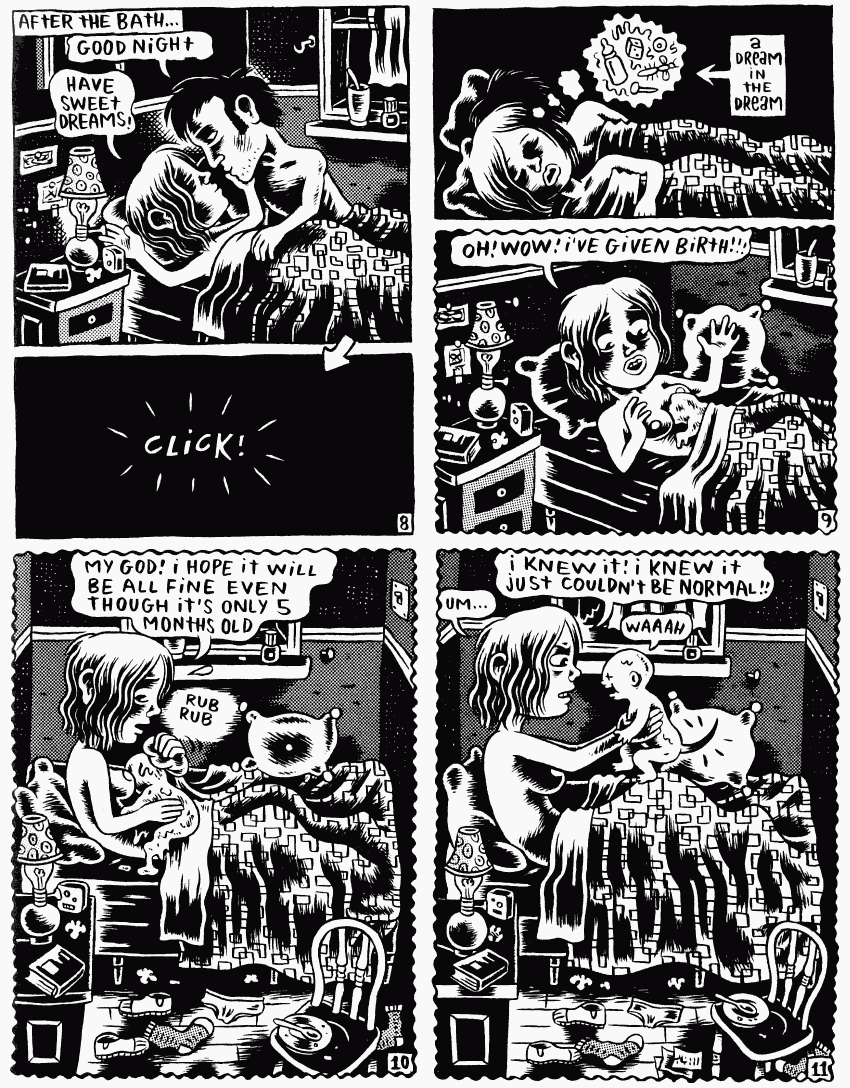 Black and white comic of a set of dreams by Julie Doucet. In bed, she dreams of babies, wakes up, and gives birth again, to a cat-tailed baby.