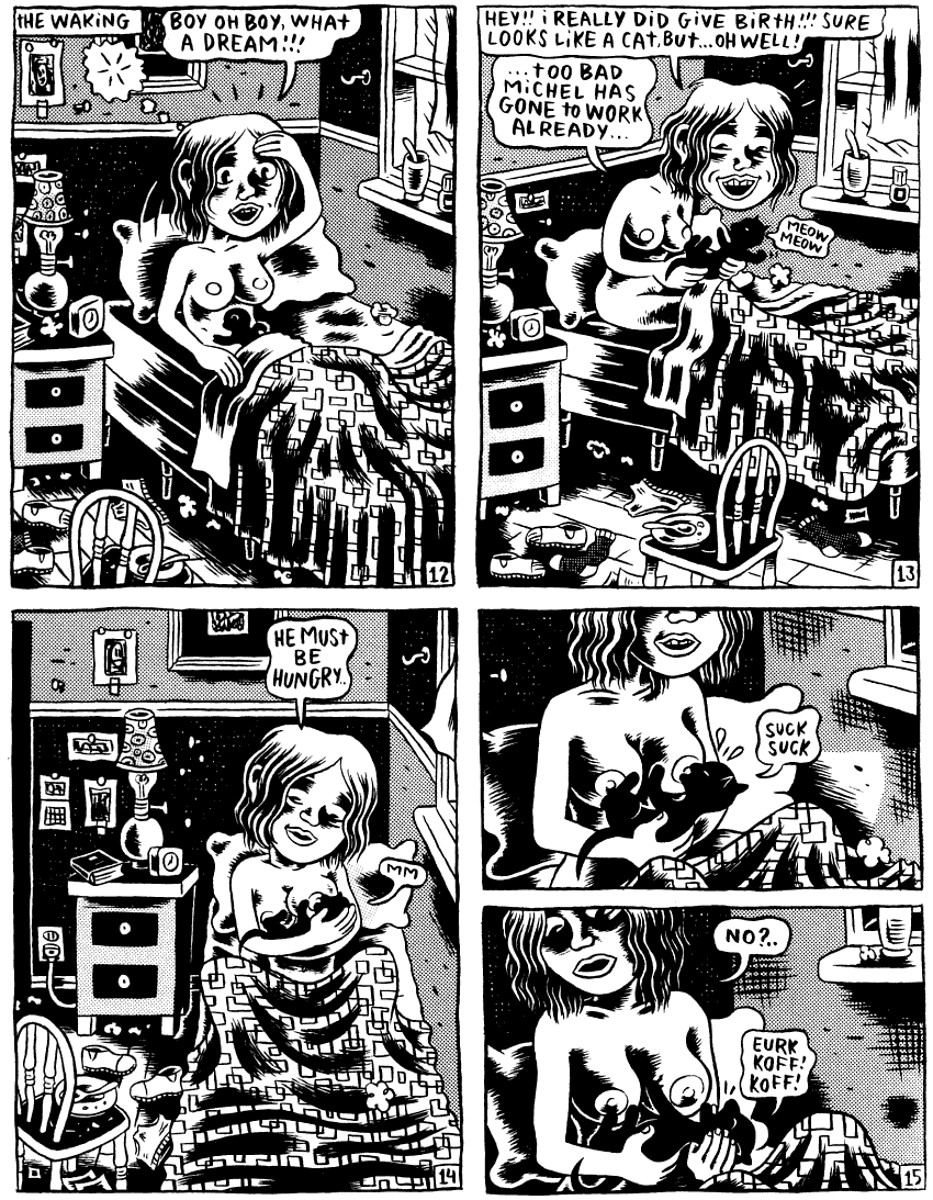 Black and white comic of a set of dreams by Julie Doucet. She wakes from these multiple dreams of giving birth to find she's given birth to a black cat.
