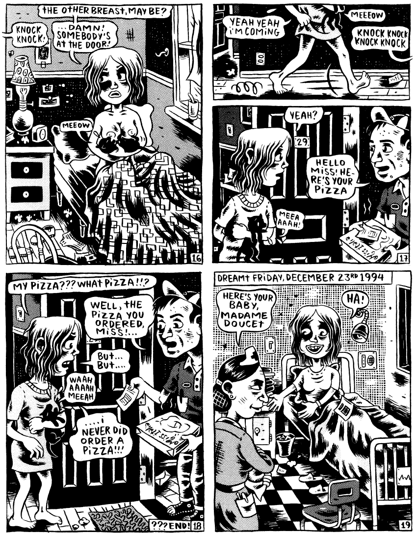 Black and white comic of a set of dreams by Julie Doucet. While nursing her black cat baby, a man delivers pizza she didn't order.