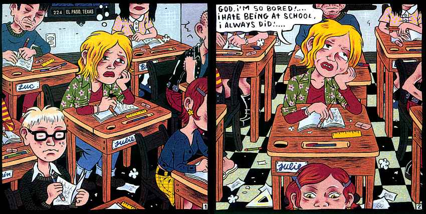 Color comic of a dream by Julie Doucet. Julie is back in elementary school in El Paso, Texas.