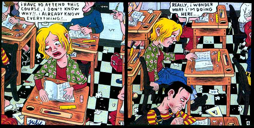 Color comic of a dream by Julie Doucet. Julie knows the school lessons, why must she repeat them?