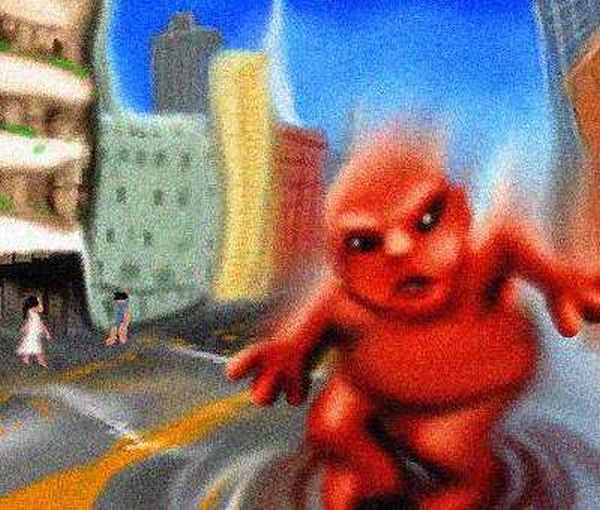 Digital sketch of a dream by Chris Wayan. A fat red-brown dwarf angrily stomping on Market Street in San Francisco. Towers visibly shake.