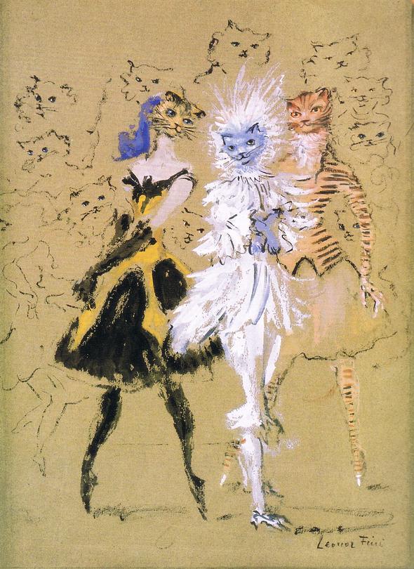 Cat costumes for 1948 ballet 'Les Desmoiselles de la Nuit', sketch by Leonor Fini. Click to enlarge.