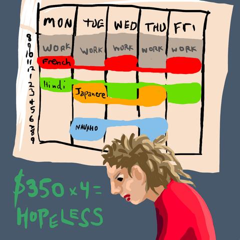 Schedule of language classes I can't afford. Dream sketch by Wayan.