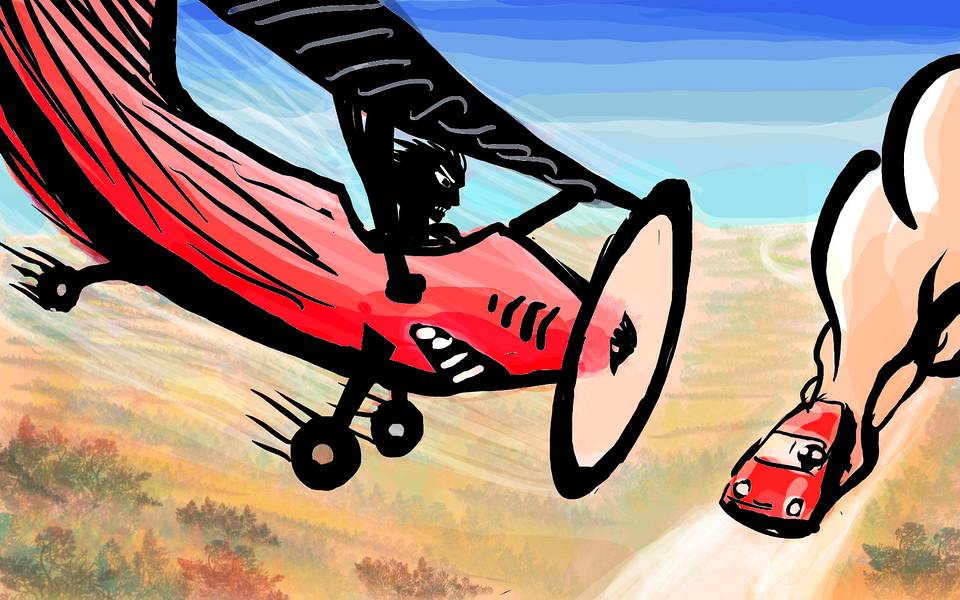 Chase a rich killer's sportscar over the desert in a small plane. Dream sketch by Wayan; click to enlarge.