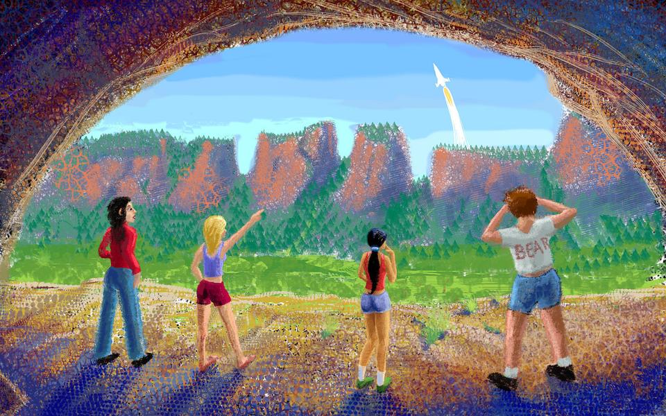 Four people watch a spaceship launch from a cave mouth. Dream sketch by Wayan. Click to enlarge.