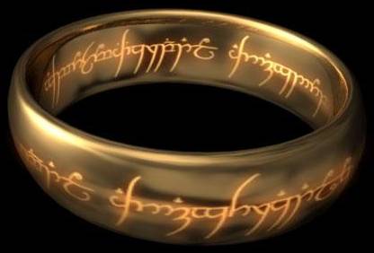 Sauron's golden ring with glowing inscription.