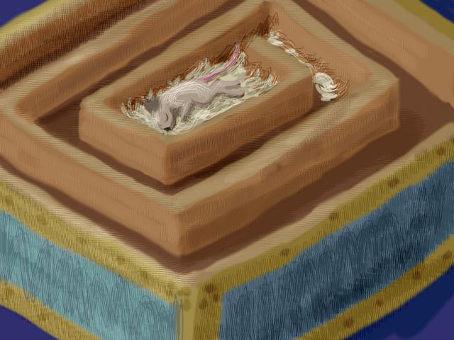 Suitcase where a were-rat and weremouse, sisters, nest. Dream sketch by Wayan.