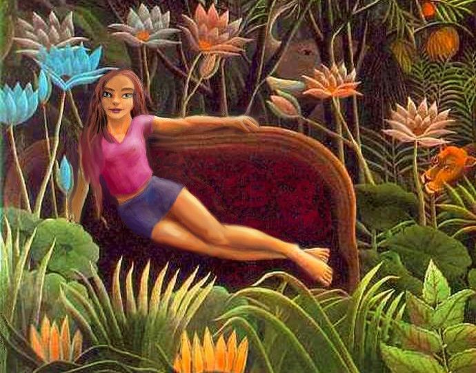 Girl on red sofa in jungle--a variant of Rousseau's painting 'The Dream' dreamed by Chris Wayan.