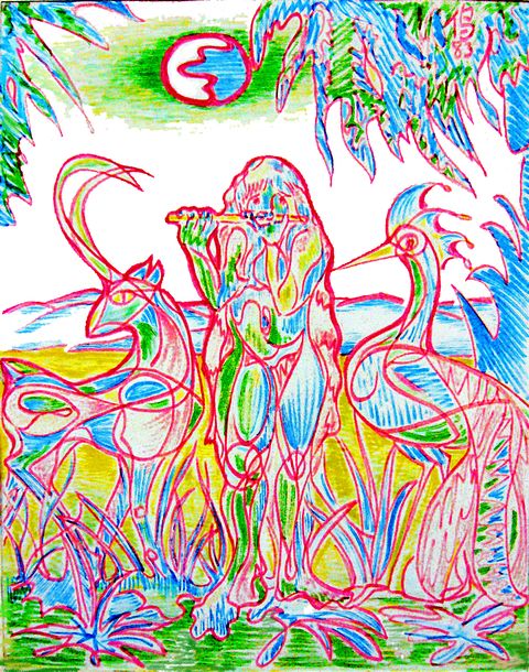  a psychedelic scribbly version of Henri Rousseau's painting of a flutist in the jungle. Feltpen by Wayan. Click to enlarge.