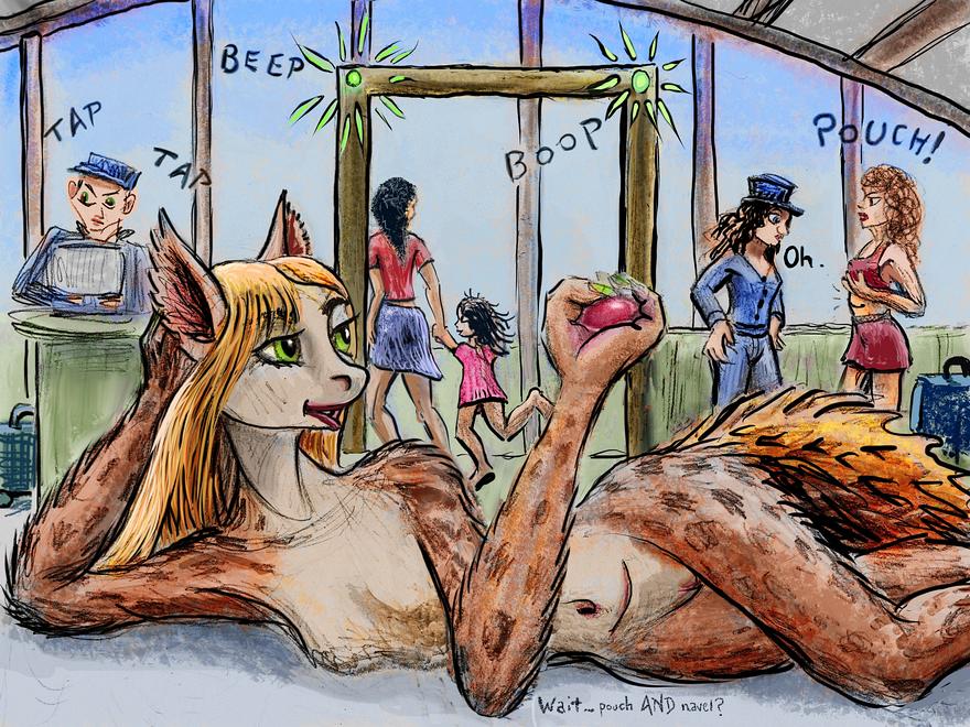At an airport checkpoint, I'm a marsupial diplomat holding a ruby; dream sketch by Wayan. Click to enlarge.
