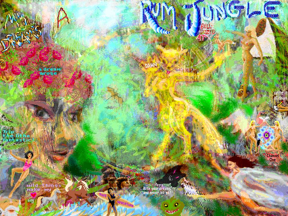 My dream-jungle, full of creatures shouting messages. Sketch by Wayan; click to enlarge.
