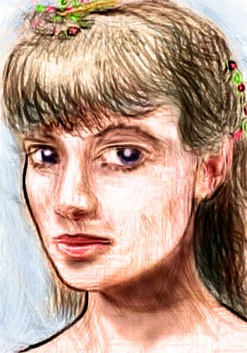 Sketch of a dream by Wayan: face of Salia, newest crewmember on our starship. Serious-looking brownhaired girl.