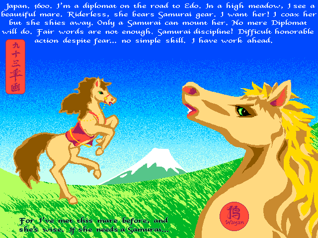 Near Fuji, a samurai's mare dares me to mount her. Digital dream sketch by Wayan. Click to enlarge.
