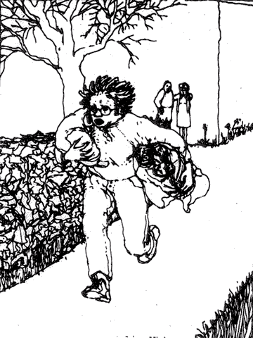 Woman flees hospital with her baby. Dream sketch by Sarita Johnson.