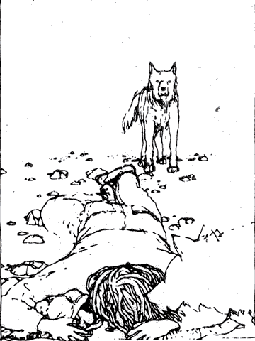 Woman plays dead in field as large dog looks on. Dream sketch by Sarita Johnson.