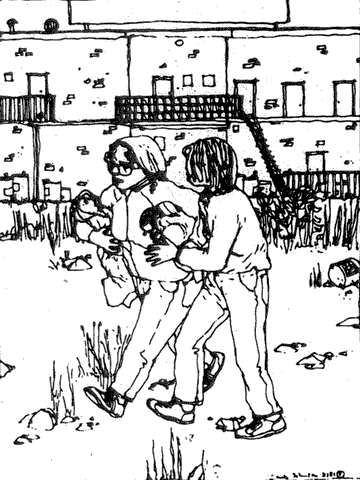 Two women walk in weedy lot. Dream sketch by Sarita Johnson.