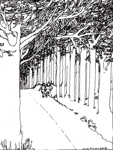 Two women run down a road lined with dark trees. Dream sketch by Sarita Johnson.