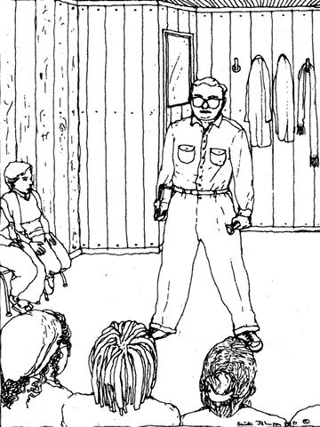 White guy manspreads, threatens to arrest women. Dream sketch by Sarita Johnson.
