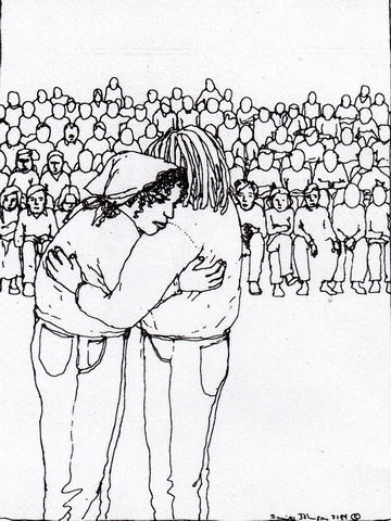 Goodbye hug before a crowd. Dream sketch by Sarita Johnson.