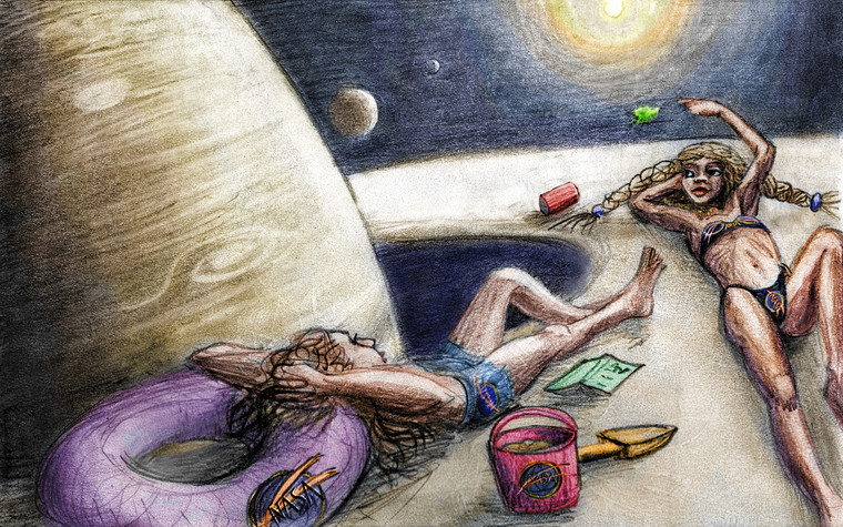 Sunbathing on the rings of Saturn. Dream sketch by Wayan. Click to enlarge.
