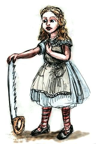 Sketch of a dream by Wayan: a small girl dressed like Alice in Wonderland uneasily looks at a large saw.