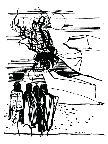 Living scarecrows; sketch of a 1933 dream by Jindrich Styrsky. Click to enlarge.