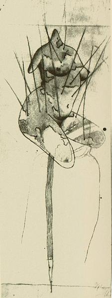 A pincushioned scarecrows; sketch of a 1933 dream by Jindrich Styrsky. Click to enlarge.