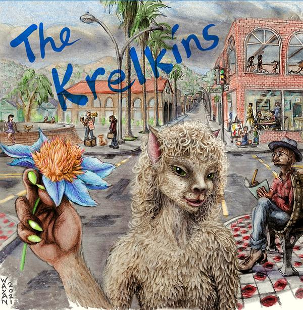 A krelkin holding a flower at 24th & Mission; dream sketch by Wayan. Cover of The Krelkins' first CD. Click to enlarge.