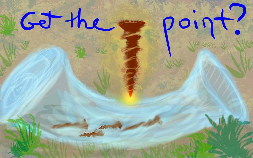 Plastic bottle in gutter holds sharp screws. Motto: 'Get the point?' Dream sketch by Wayan. Click to enlarge.