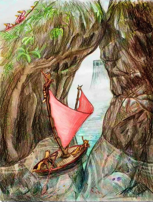 'Boat threads a narrow rock passage; dream sketch by Wayan.