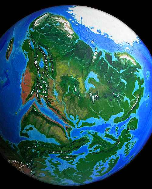 Orbital view of Seapole, a climatologically alternate Earth: Africa (top; upside down), Arabia (left) and the Inland Seas (bottom). Click to enlarge.