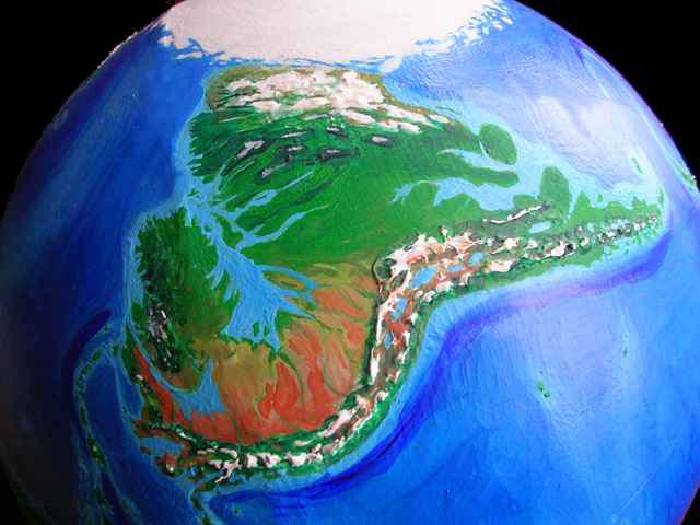 Orbital view of Seapole, a climatologically alternate Earth: Amazonia, a continent corresponding to our South America, but temperate and drier. Click to enlarge.