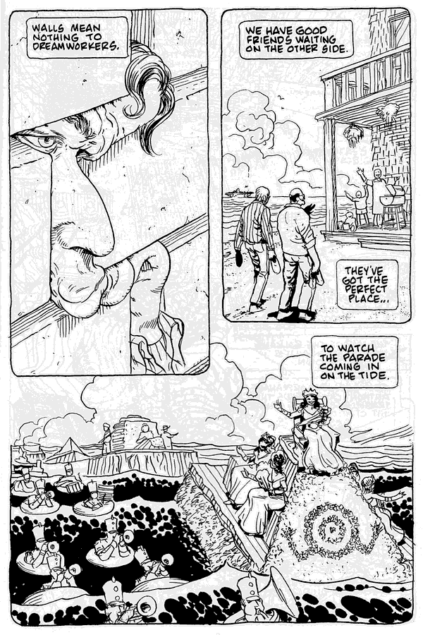 Squeeze through a wall to reach the sea-parade; dream comic by Rick Veitch.