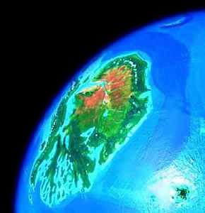 Low orbital view of Seapole, a tilted twin of Earth. Visible: Ornithia, the tropical continent geologically analogous to Antarctica, and the Kerguelen Islands, four times the size of Hawaii.