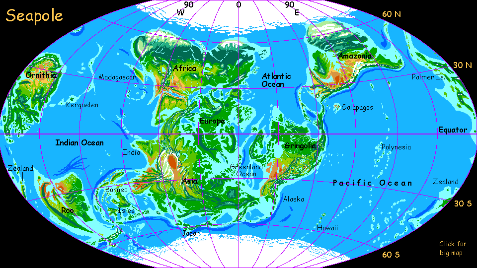Map of Seapole, a tilted, warm, flooded Earth.