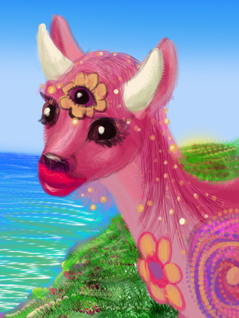 Sketch of a dream by Chris Wayan: a pink stuffed cow-person I met in Santa Cruz. Click to enlarge.